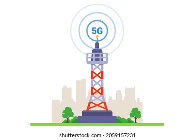 Torre 5G de fondo blanco. Internet de alta velocidad de una nueva generación. ilustración vectorial plana.