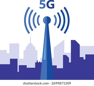 Una torre 5G está transmitiendo señales sobre el horizonte de la ciudad. La torre es azul y la ciudad está al fondo.