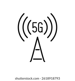 5G transmission tower symbol. 5G antenna signal line icon. Vector illustration.