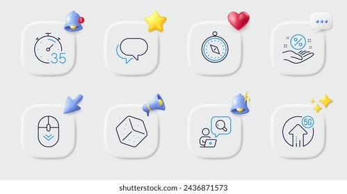 Iconos de línea de burbujas 5g upload, Dice y Talk. Botones con campana 3d, voz de chat, cursor. Paquete de desplazamiento hacia abajo, inspeccionar, icono de brújula de viaje. Temporizador, pictograma de porcentaje de préstamo. Para la aplicación web, imprimir. Vector