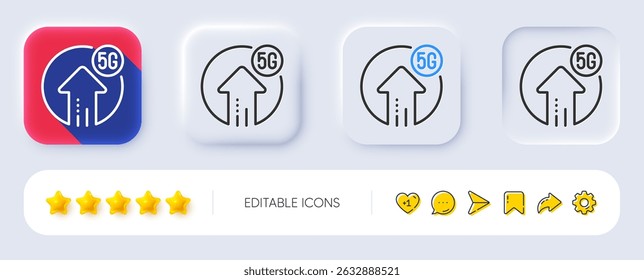 5g upload speed line icon. Neumorphic, Flat shadow, 3d buttons. Wireless technology sign. Mobile wifi internet symbol. Line 5g upload icon. Social media icons. Vector