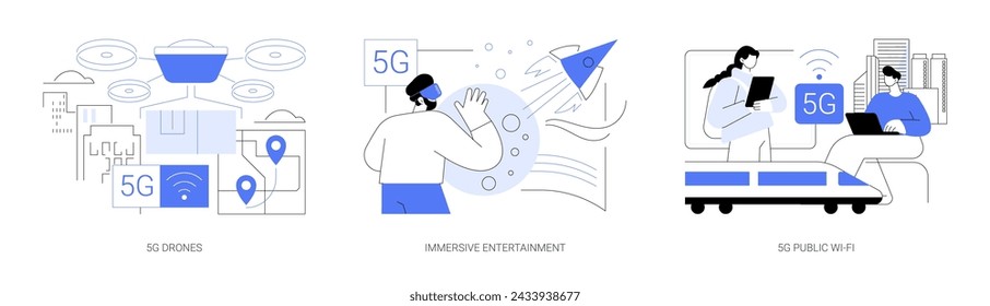 5G use cases isolated cartoon vector illustrations set. Flying drone, real-time rendering, immersive entertainment, people use public Wi-Fi hot spot, high-speed internet connection vector cartoon.