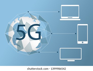5G vector abstract new wireless internet connection background. Global network high speed network. Polygonal style. 5G symbol. electronic device smartphone, computer, TV.