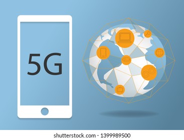 5G vector abstract new wireless internet connection background. Global network high speed network. Polygonal style. 5G symbol on smartphone screen. Concept in blue and orange colors.
