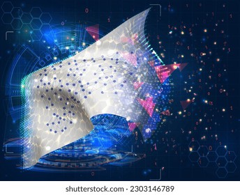 5g,  vector flag, virtual abstract 3D object from triangular polygons on a blue background