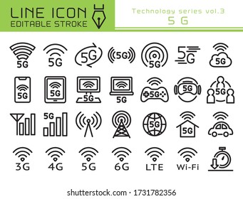 5G vector icon set. Editable line stroke.