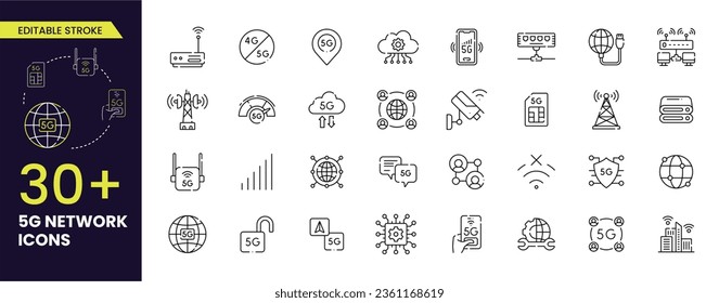 5G vector icon set Editable stroke.
It contains 5g network, signals, towers, bandwidth, routers connectivity etc, stroke icons collections.