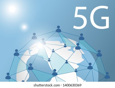 5G Vector Polygon global line connect mobile data and wi-fi icon signage shape the world map. Concept for world telecommunication. A lot of people flat icons.