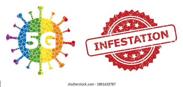 5G virus collage icon of circle elements in different sizes and LGBT colored color hues, and Infestation unclean rosette seal imitation. A dotted LGBT-colored 5G virus for lesbians, gays,