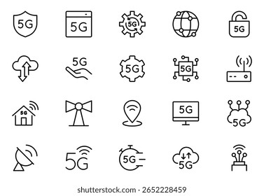 5G web outline icon for business and technology, speed, signal, network, technology, big data, IoT, and traffic icons.
