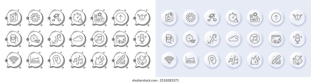 Wifi 5g, atenção e ícones de linha de microfone. Botões 3d de pino branco, ícones de bolhas de chat. Pacote de rede em nuvem, documentos de entrevista, ícone de chapéus de lançamento. Vetor