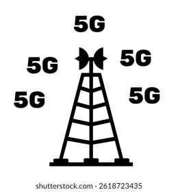 5G wifi broadcast transmitter icon in black colour or silhouette. Wide area network. Giant antenna tower clip art. Broadband signal vector illustration on isolated white background