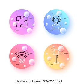 5g wifi, Consultant and Stand lamp minimal line icons. 3d spheres or balls buttons. Puzzle icons. For web, application, printing. Wireless internet, Call center, Floor lamp. Puzzle piece. Vector