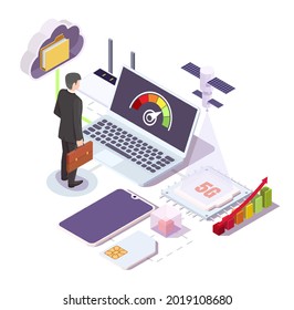 5G wifi high speed internet fllowchart, vector isometric illustration. Businessman looking at internet speed meter on laptop screen. Smartphone, satellite, router, data cloud.