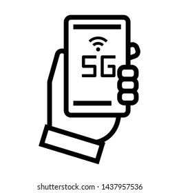 5G WiFi on mobile screen with hand. Stroke outline style. Vector. Isolate on white background.