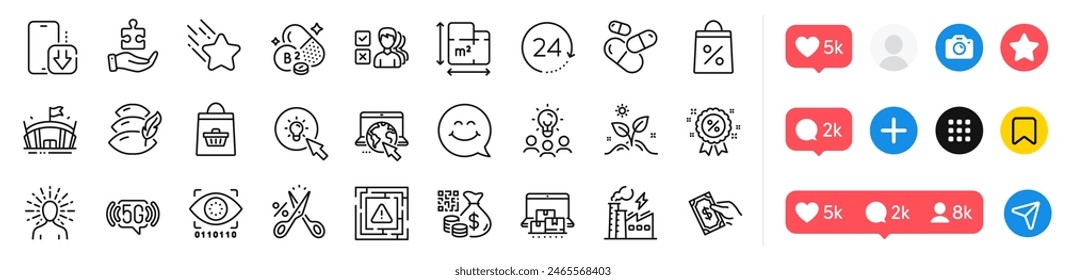 5g wifi, Online buying and Opinion line icons pack. Social media icons. Shopping bag, Puzzle, Cut tax web icon. Arena, Online storage, Internet pictogram. Vector