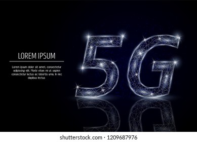 5G WiFi sign low poly wireframe mesh made of points, lines and shapes. Vector polygonal art style design. 5G wireless internet network connection poster banner template with copy space.