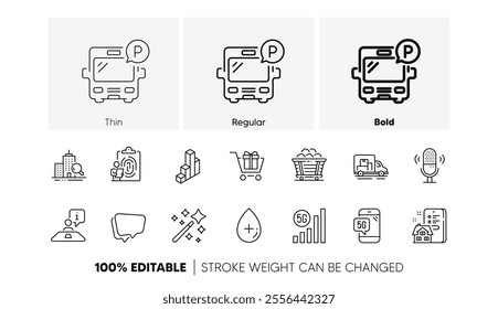 5g wifi, Speech bubble and Inspect line icons. Pack of Property agency, Oil serum, Coal trolley icon. Interview, Magic wand, Fingerprint pictogram. Shopping cart, 3d chart, Bus parking. Vector