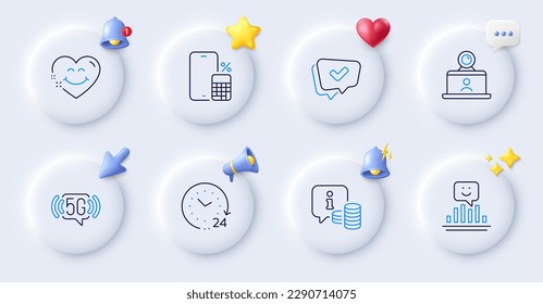 5g wifi, Video conference and 24 hours line icons. Buttons with 3d bell, chat speech, cursor. Pack of Phone calculator, Smile face, Smile icon. Info, Approved pictogram. For web app, printing. Vector