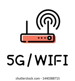 5G / wifi wireless network router product type thin line style icon with text label