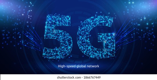 5G wireframe geometric polygonal design. Low poly wireframe digital vector illustration. High speed big data binary code broadband. Futuristic 5G technology concept on blue background.