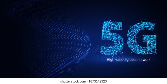 Diseño poligonal geométrico de alambre 5G. Ilustración vectorial digital de trama baja. La banda ancha de alta velocidad de transferencia de grandes datos. Futurista concepto de tecnología 5G sobre fondo azul.