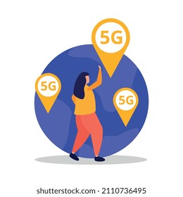 5g wireless connection global network flat icon with human character and globe vector illustration