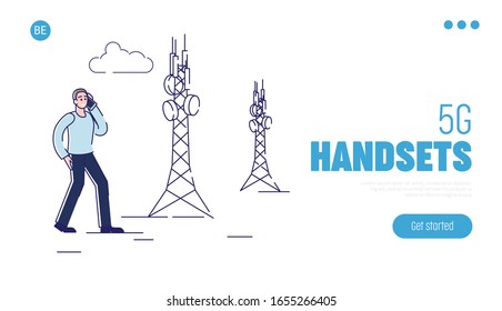 Concepto de tecnología moderna inalámbrica de alta velocidad de 5G. Página de inicio del sitio web. El hombre está usando la tecnología de Internet de alta velocidad para la comunicación y el trabajo. Ilustración de vectores de esquema lineal de caricatura