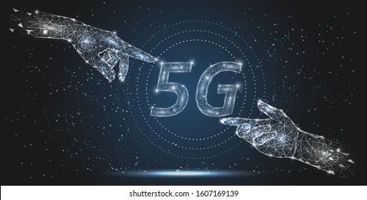 5G wireless internet network connection vector poster banner template. Two human hands touching 5G wifi sign, low poly wireframe mesh. 5G communication technology polygonal art style illustration.