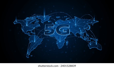 5G wireless internet network connectivity around the world. World map. Internet technology concept or broadband high speed telecommunications.