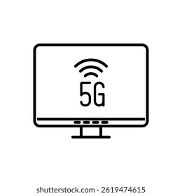 5G wireless internet on desktop icon. 5G wireless signal symbol on the screen. High-speed 5G internet connectivity for PCs, fast data transfer, wireless networking, and modern digital communication.