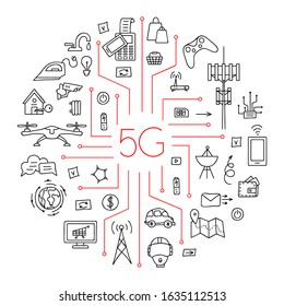 5g wireless internet. Round composition with a set of elements on the subject of modern technology and high-speed Internet. Vector linear illustration. Frame of icons and symbols.