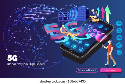 5G wireless internet wifi connection.  Speed of network concept. People are using gadgets enjoying of network's speed
