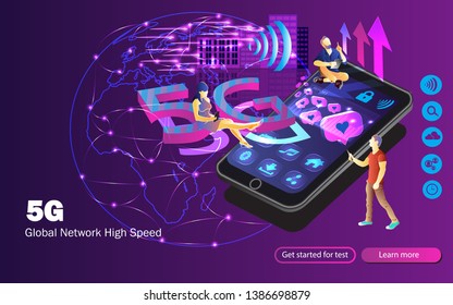 5G wireless internet wifi connection.  Speed of network concept. People are using gadgets enjoying of network's speed
