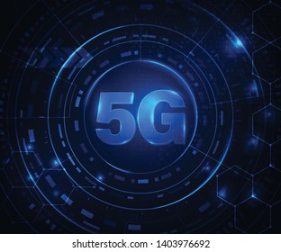 5G wireless internet wifi connection. Fifth innovative generation of the global high speed broadband network. Binary code flow for big data. Glowing blue abstract background