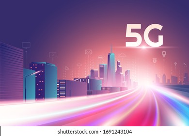 5G Wireless Network. 5th Internet Service, Night Urban City With Things And Services Icons Connection, Internet Of Things, 5G Network Wireless With High Speed Connection And  Mobile Connectivity