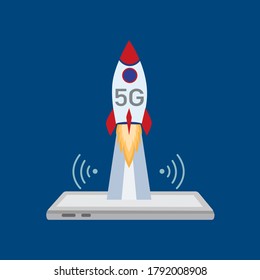 5G wireless network concept vector illustration. Smartphone with a rocket flying in the sky. Service connection, internet of things. High speed connection flat design.