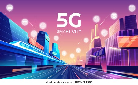 5G wireless network and smart city concept. night urban city with things and services icons connection, internet of things, 5G network wireless with high speed connection flat design.