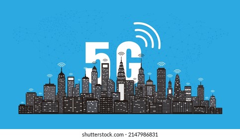 5G wireless network and smart city concept. high speed connection, vector flat design.