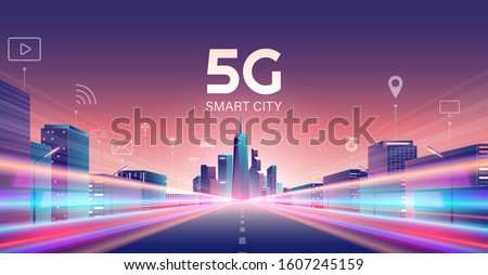 5G wireless network and smart city concept. night urban city with things and services icons connection, internet of things, 5G network wireless with high speed connection flat design.