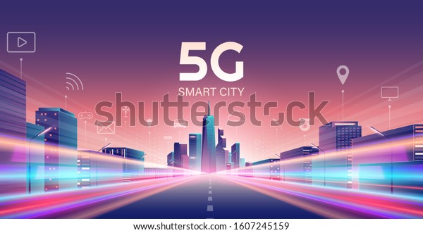 5G wireless network and smart city concept. night\
urban city with things and services icons connection, internet of\
things, 5G network wireless with high speed connection flat\
design.