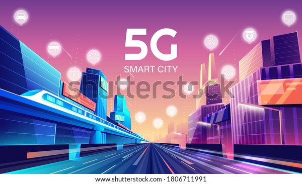 5G wireless network and smart city concept. night\
urban city with things and services icons connection, internet of\
things, 5G network wireless with high speed connection flat\
design.