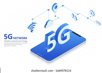 5G wireless network technology vector illustration, big letter 5G and smartphone isometric, mobile internet concept, digital service
