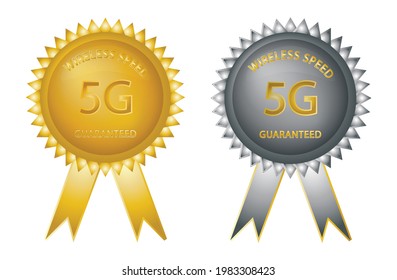 5G wireless speed guaranteed gold  and silver badge . Speed internet 5g concept. wifi bars symbol of trusted 5g network. vector eps10