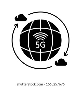 5G wireless technology black glyph icon. Global standard. Cloud computing. Mobile cellular network coverage. Silhouette symbol on white space. Vector isolated illustration