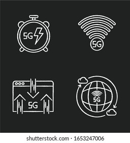 5G wireless technology chalk white icons set on black background. Fast speed. Low latency connection. Signal indicator. Data exchange. Mobile cellular network. Isolated vector chalkboard illustrations