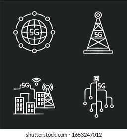 5G Wireless-Technologie kreiden weiße Symbole auf schwarzem Hintergrund. Intelligente Stadt. Mikrochip. Zellturm. Weltnorm. Schnelle Geschwindigkeit. Mobiles zellulares Netz. Illustrationen von isolierten Vektorillustrationen