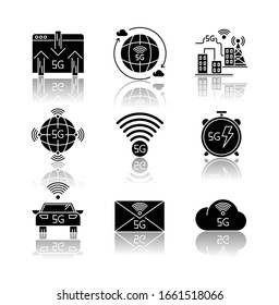 5G wireless technology drop shadow black glyph icons set. Car control, data exchange. Smart city. Fast Internet connection. Mobile cellular network. Isolated vector illustrations on white space