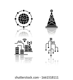 5G wireless technology drop shadow black glyph icons set. Smart city. Microchip. Cell tower. World standard. Fast speed. Mobile cellular network. Isolated vector illustrations on white space