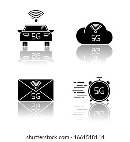 5G wireless technology drop shadow black glyph icons set. Smart vehicle. Fast speed. Cloud computing. Improved messaging. Mobile cellular network. Isolated vector illustrations on white space